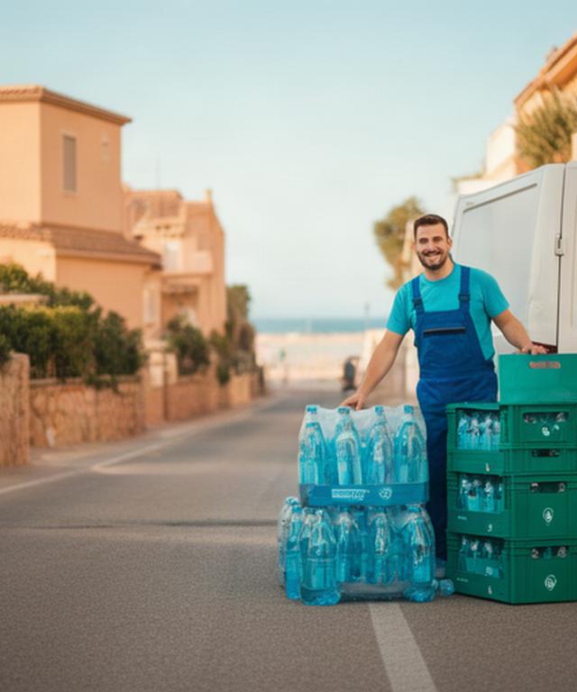 Repartidor local colocando botellas de agua retornables junto a una furgoneta en una calle de Platja d Aro